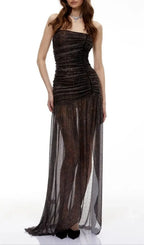 Sylvia Bling Rhinestone Embellished Ruched Strapless Maxi Dress In Black Flowering Girl