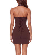 Hurnik Halterneck Lace Up Mini Dress In Coffee Flowering Girl