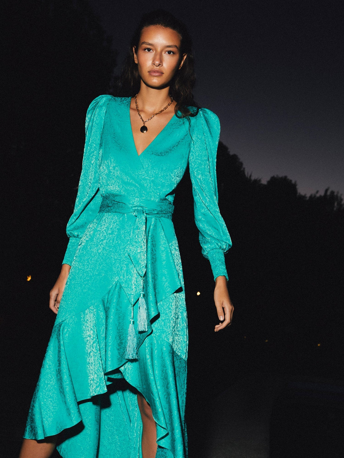 Grace - Green Jacquard Long-Sleeved Wrap Dress Flowering Girl
