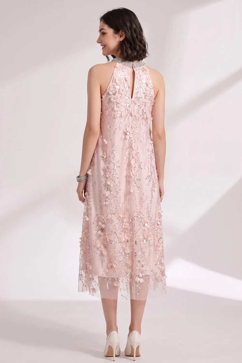 Blush Pink Tulle Mesh A-Line Shift Dress with Floral Embellishment Flowering Girl