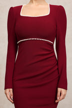 Miriam Claret Square Collar Long Sleeves Fishtail Pearl Midi Dress Flowering Girl