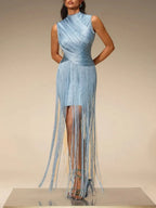 Zavelyn Blue Sleeveless Fringe Bandage Dress