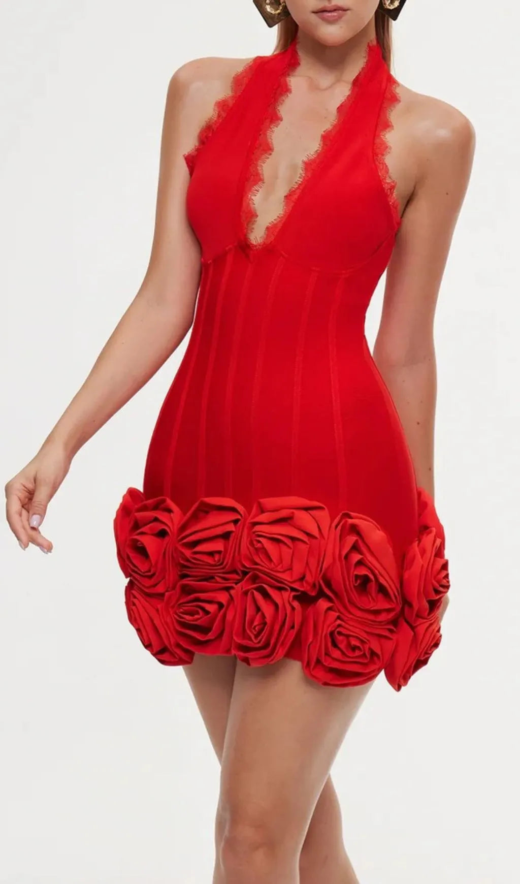 Emanar Halterneck Flower Bandage Mini Dress In Red Flowering Girl