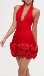 Emanar Halterneck Flower Bandage Mini Dress In Red Flowering Girl