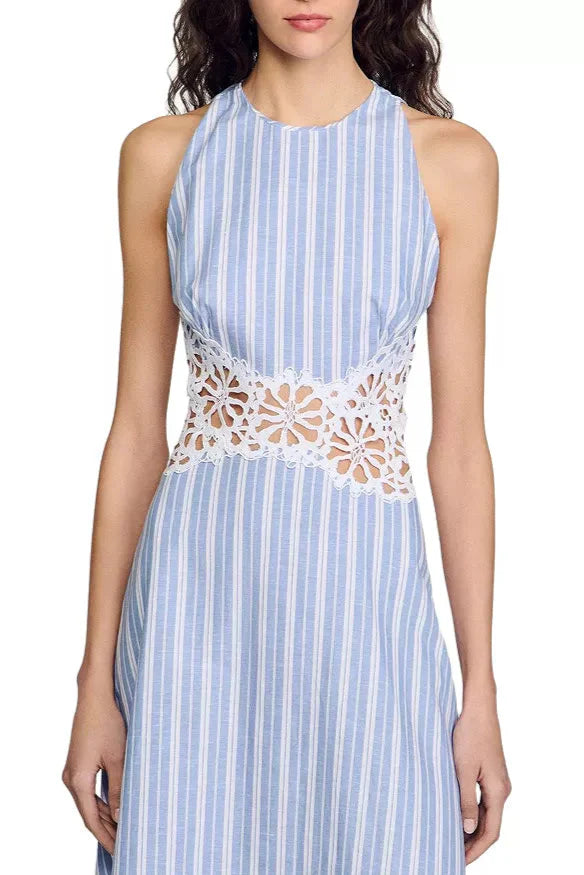 Hollow Lace Trim Maxi Dress In Blue Flowering Girl
