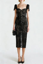 Helen Black Belted Embellished Cotton-Blend Lace Midi Dress Flowering Girl