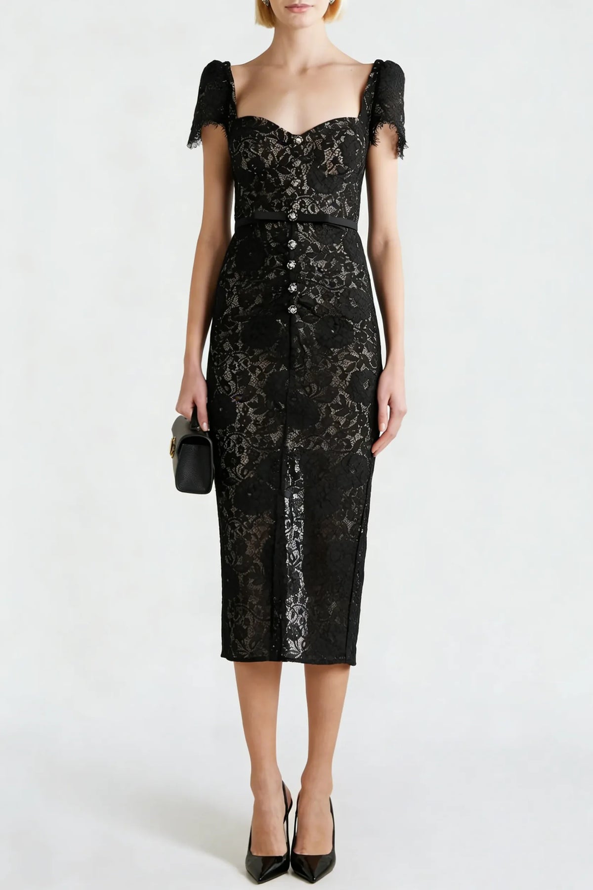 Helen Black Belted Embellished Cotton-Blend Lace Midi Dress Flowering Girl