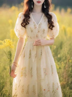 Roxanne Vacation V-Neck Puff Sleeve Floral Dress Flowering Girl