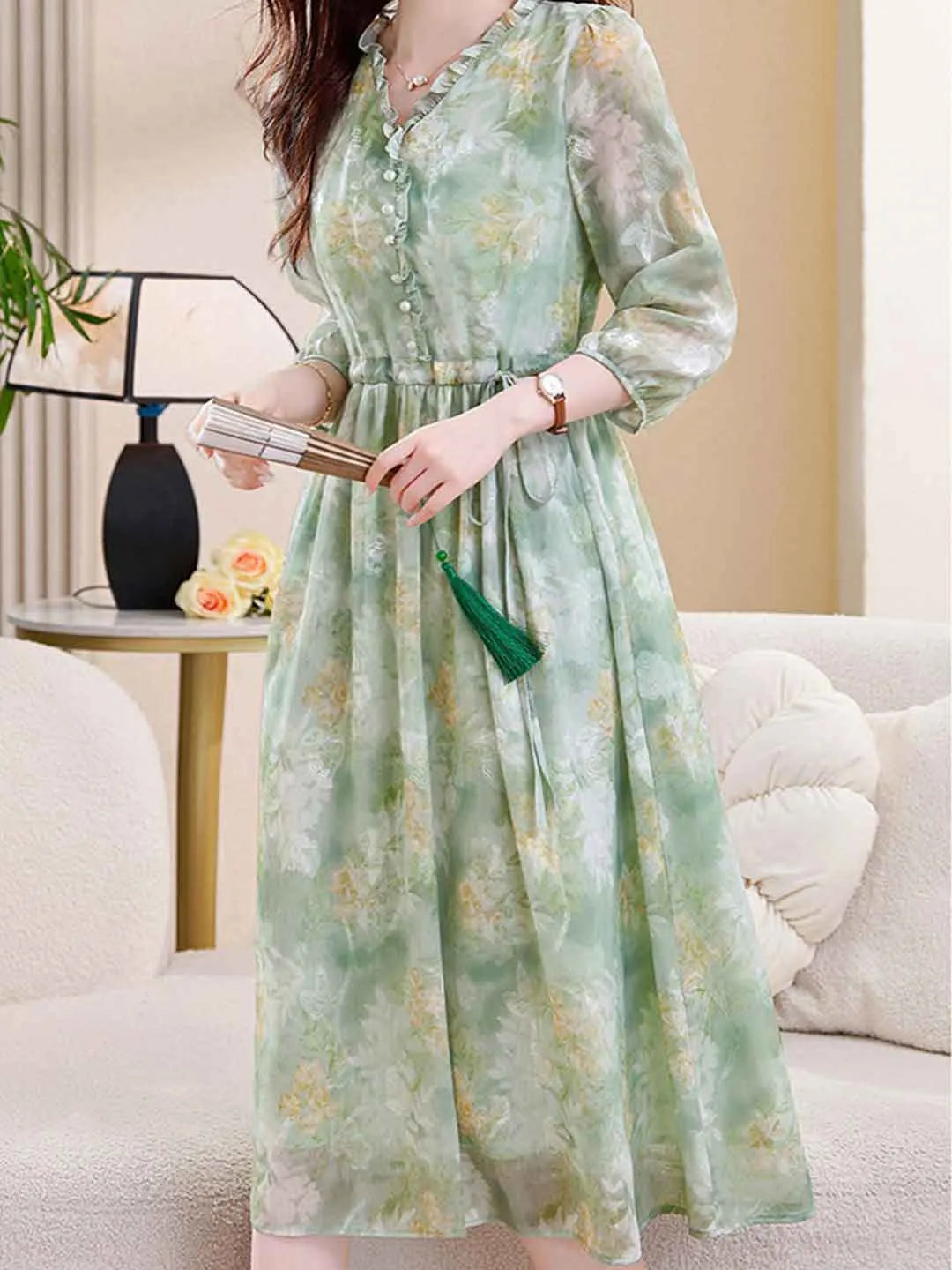 Martha Vacation Auricular Collar Jacquard Drawstring Dress Flowering Girl