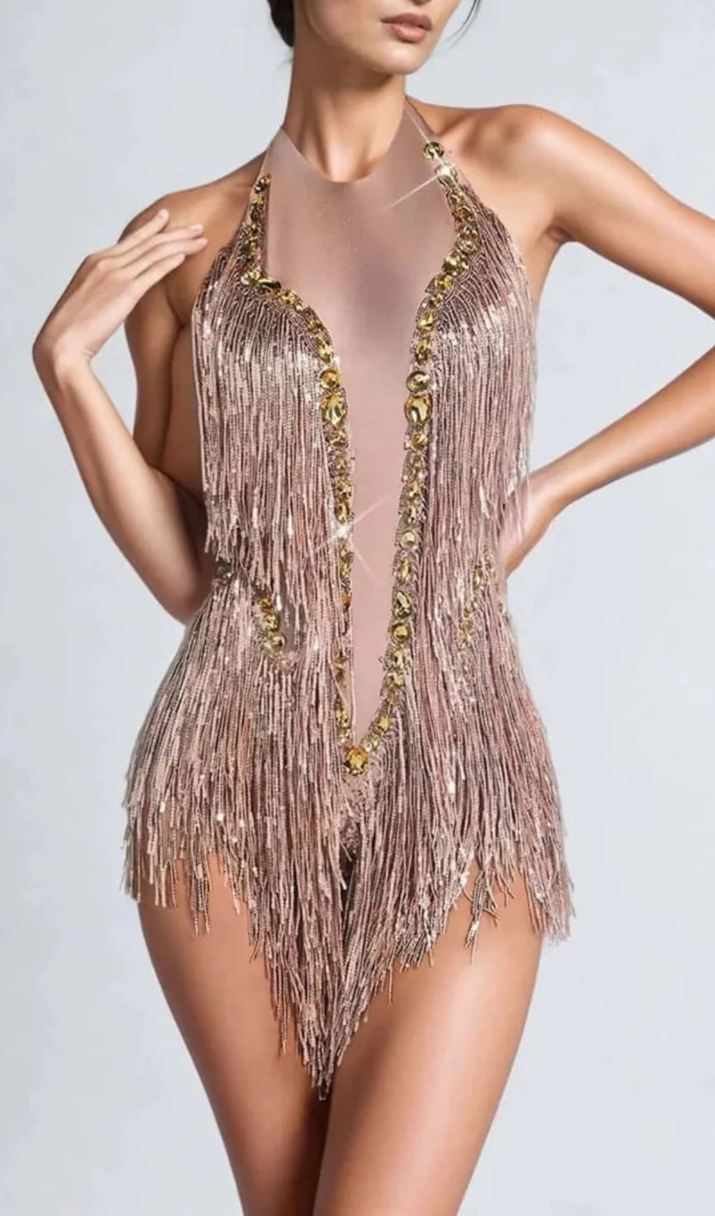 Benicio Halterneck Fringe Sequin Bodysuit Flowering Girl