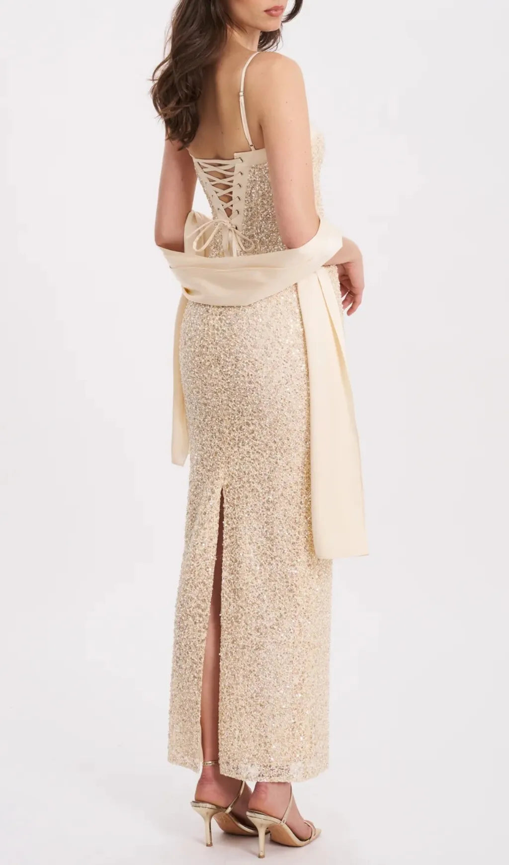 Raizel Gold Beaded Sequin Bodycon Gown with Scarf Flowering Girl
