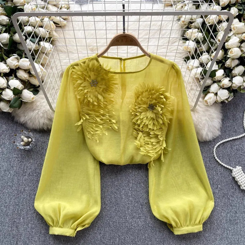 3D Floral Puff Sleeve Tulle Shirt Flowering Girl