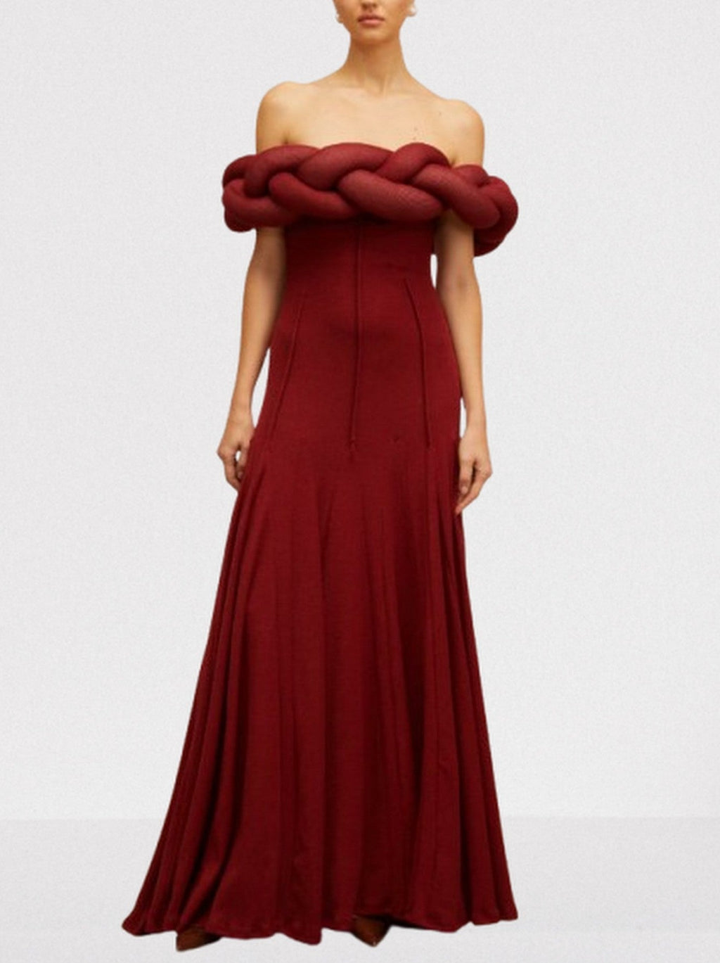 Padded Braided Off-Shoulder Maxi Dress in burgundy Flowering Girl