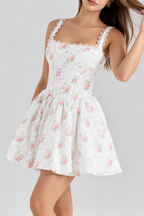 Hedy Elastic Printed Tie-Waist Mini Dress——Pink Flowering Girl