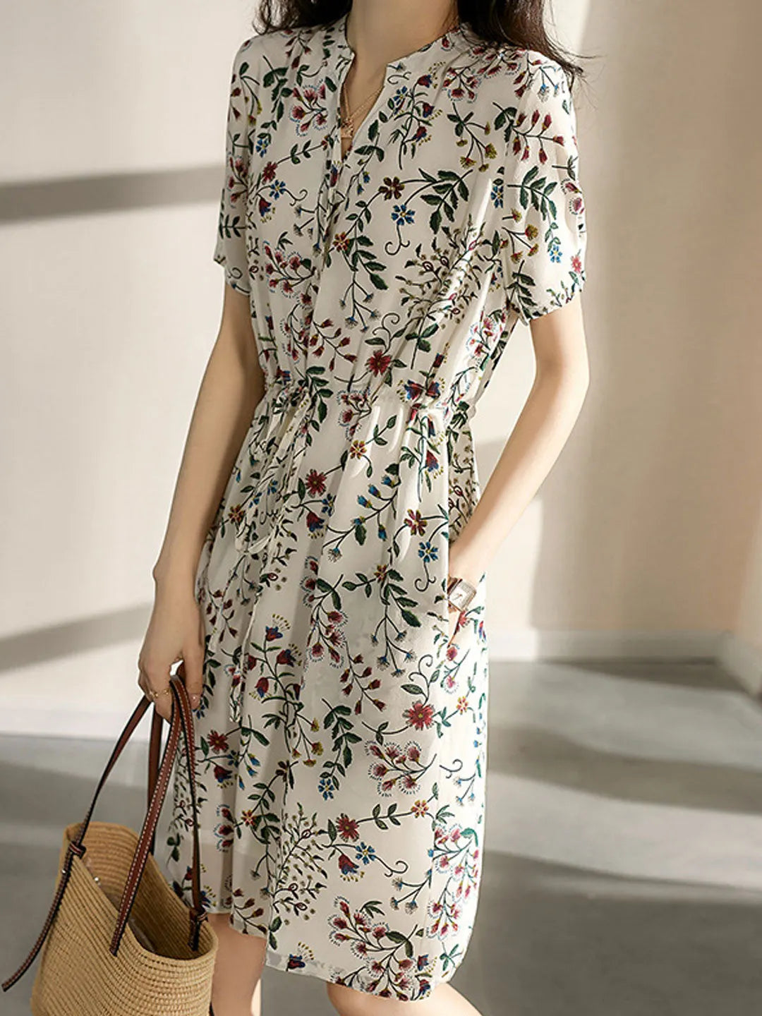 Sabrina V-Neck Printed Drawstring Chiffon Dress Flowering Girl