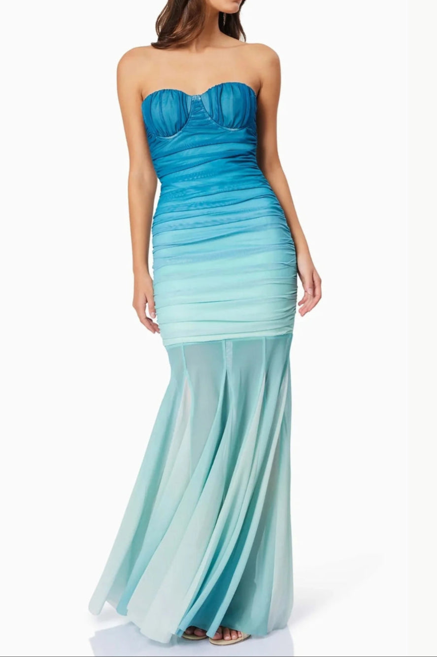 Gradient Mesh Splicing Bodycon Strapless Maxi Dress In Blue Flowering Girl