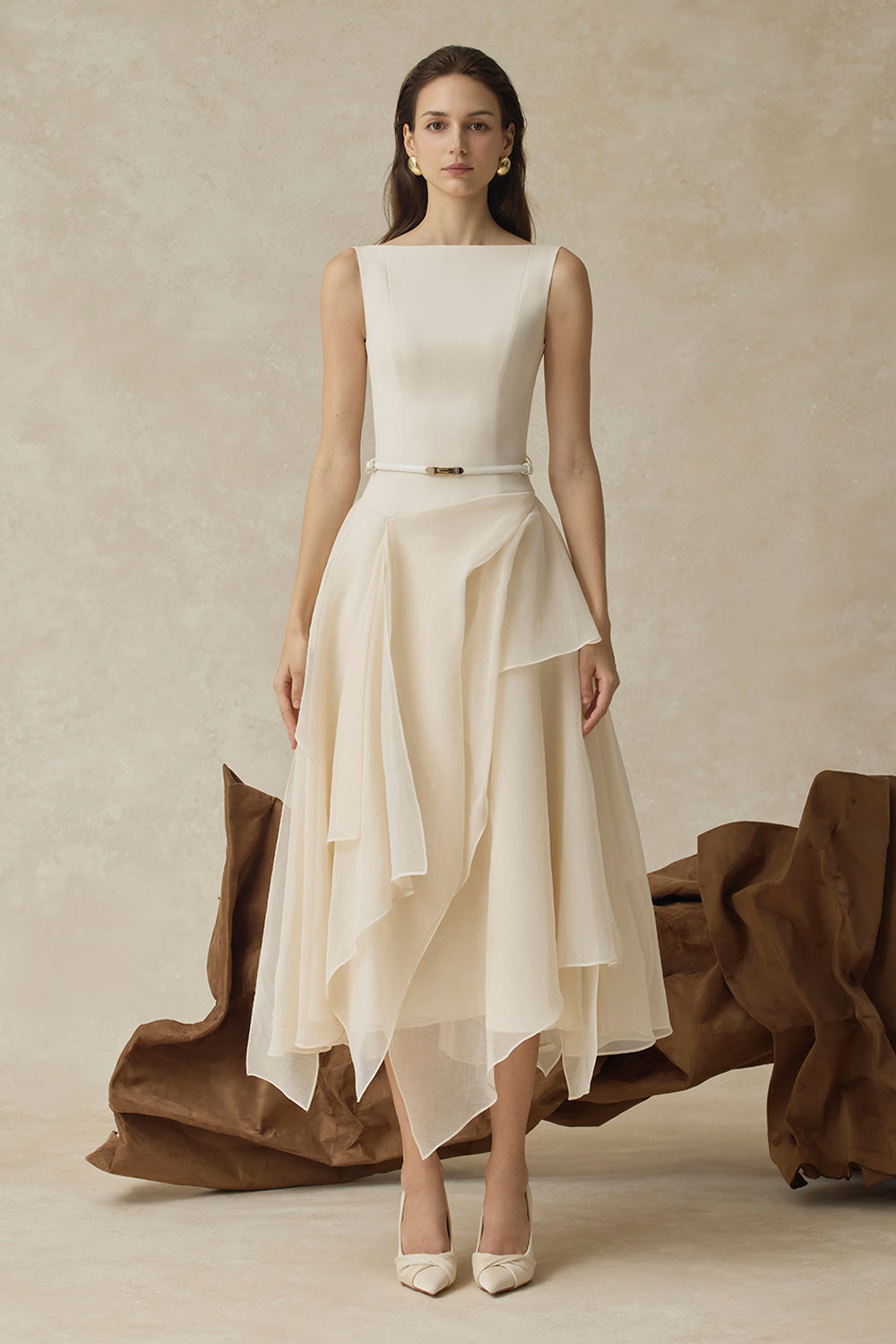 kelly beige Cape Sleeve Ruffle Midi Dress with belt Flowering Girl