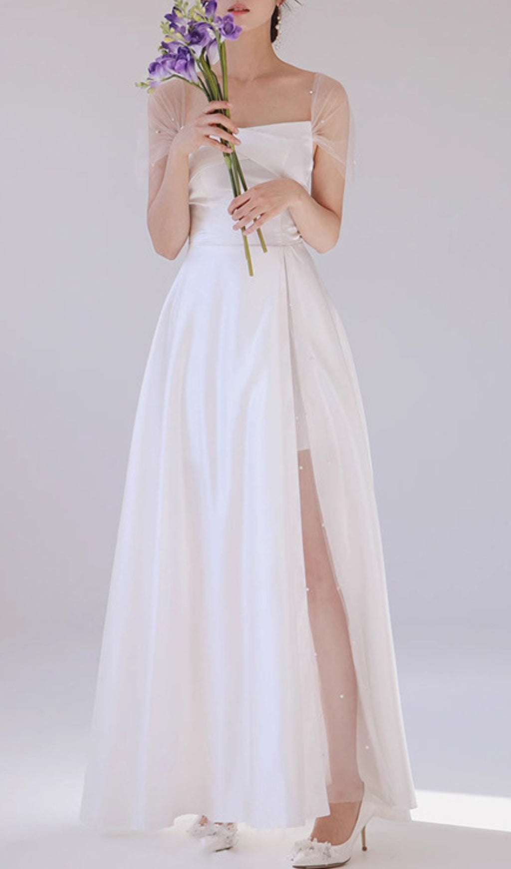 Columnia White Satin Mesh Wedding Dress Flowering Girl