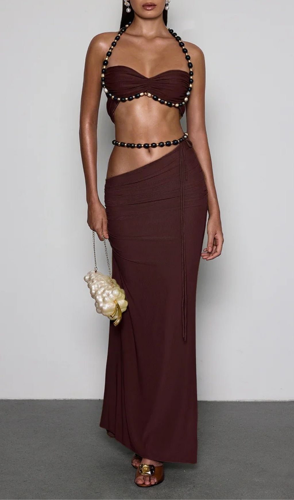 Eryna Halterneck Ruched Skirt Set In Coffee Flowering Girl