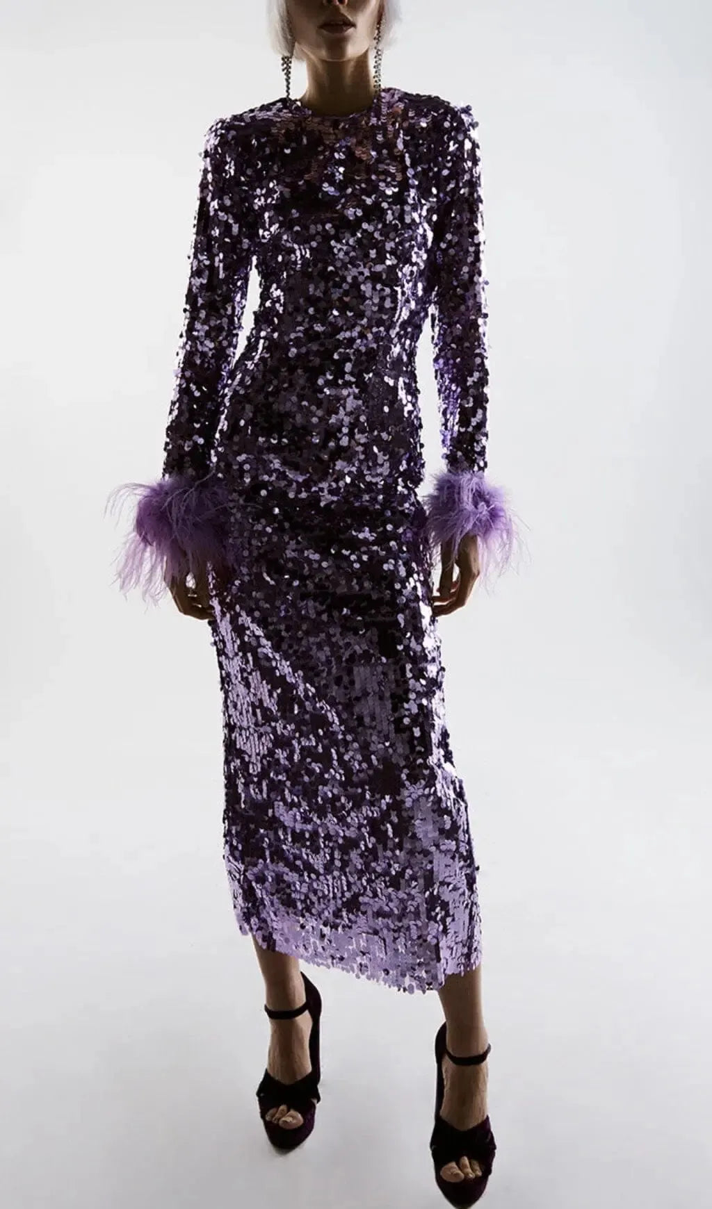 Sequin Patchwork Plush Cuff Dress In Purple Flowering Girl