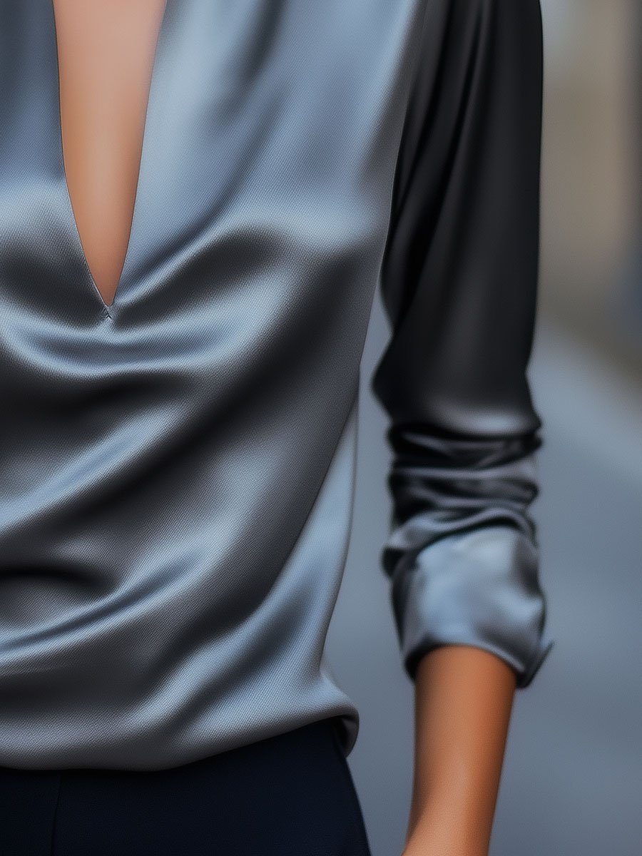 Silver Satin Blouse With Plunging V-Neck Flowering Girl