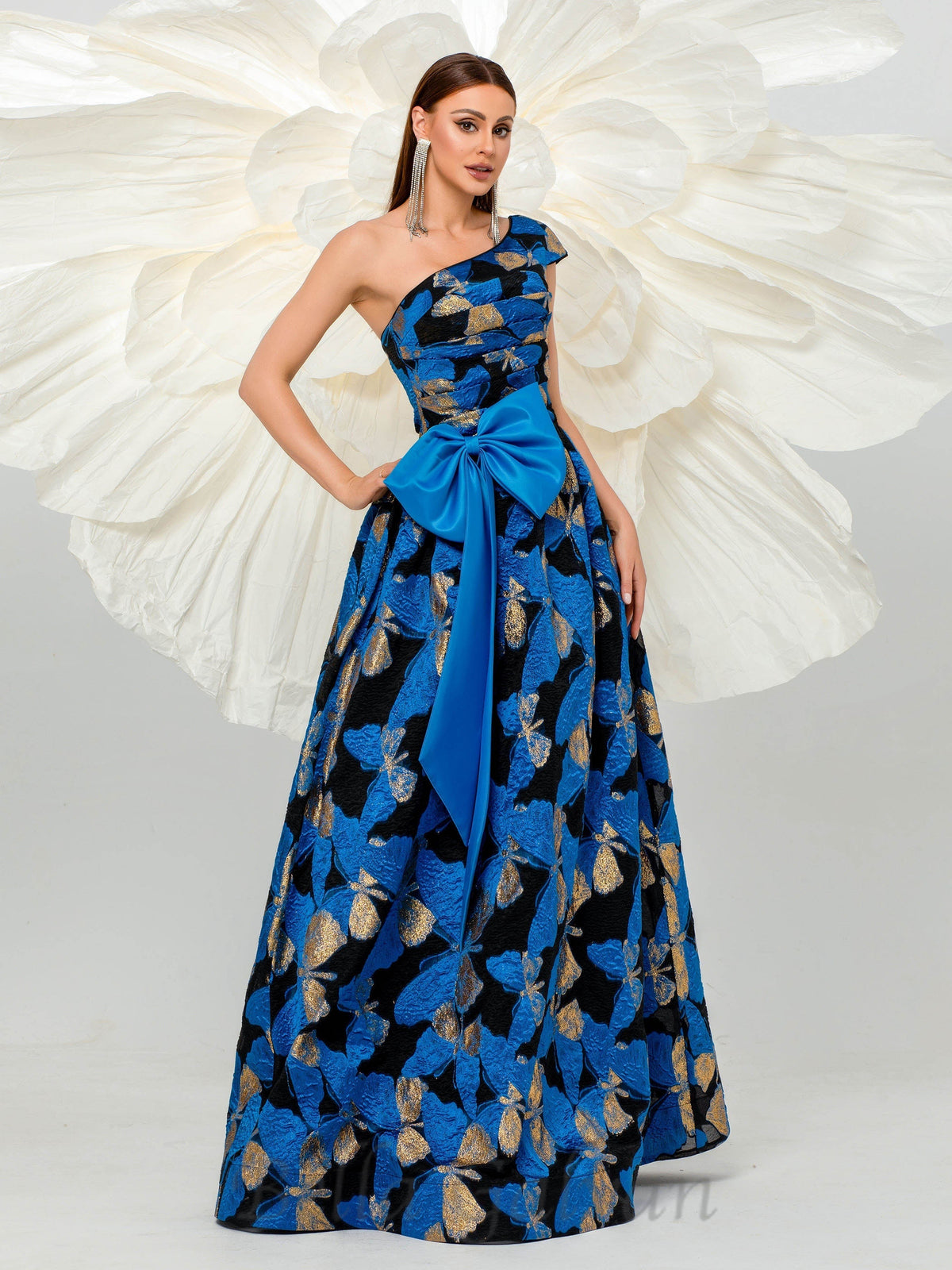 Pleated Jacquard Bow Floral A-line Dress Flowering Girl