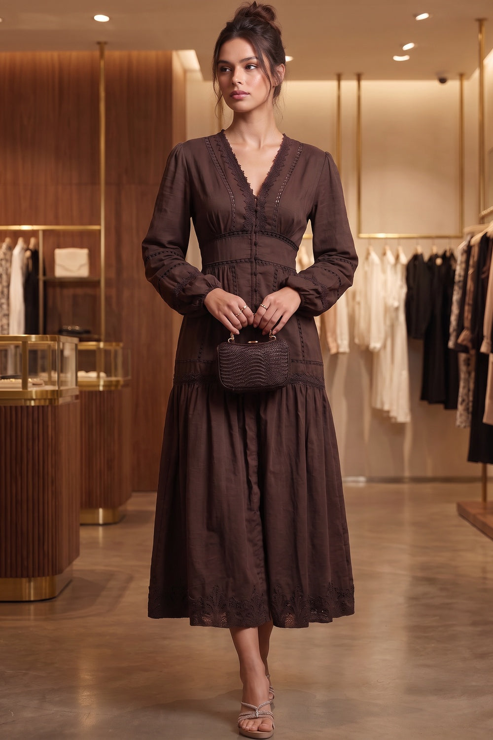 Chocolate Brown Cotton A-Line Tiered Midi Dress with Lace Inserts Flowering Girl