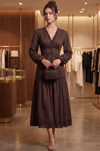 Chocolate Brown Cotton A-Line Tiered Midi Dress with Lace Inserts Flowering Girl