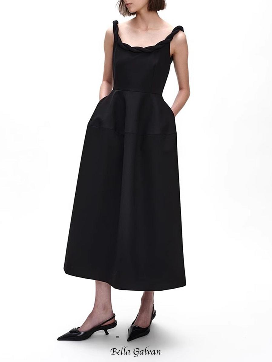 monica Braided shoulder straps midi dress in black Flowering Girl