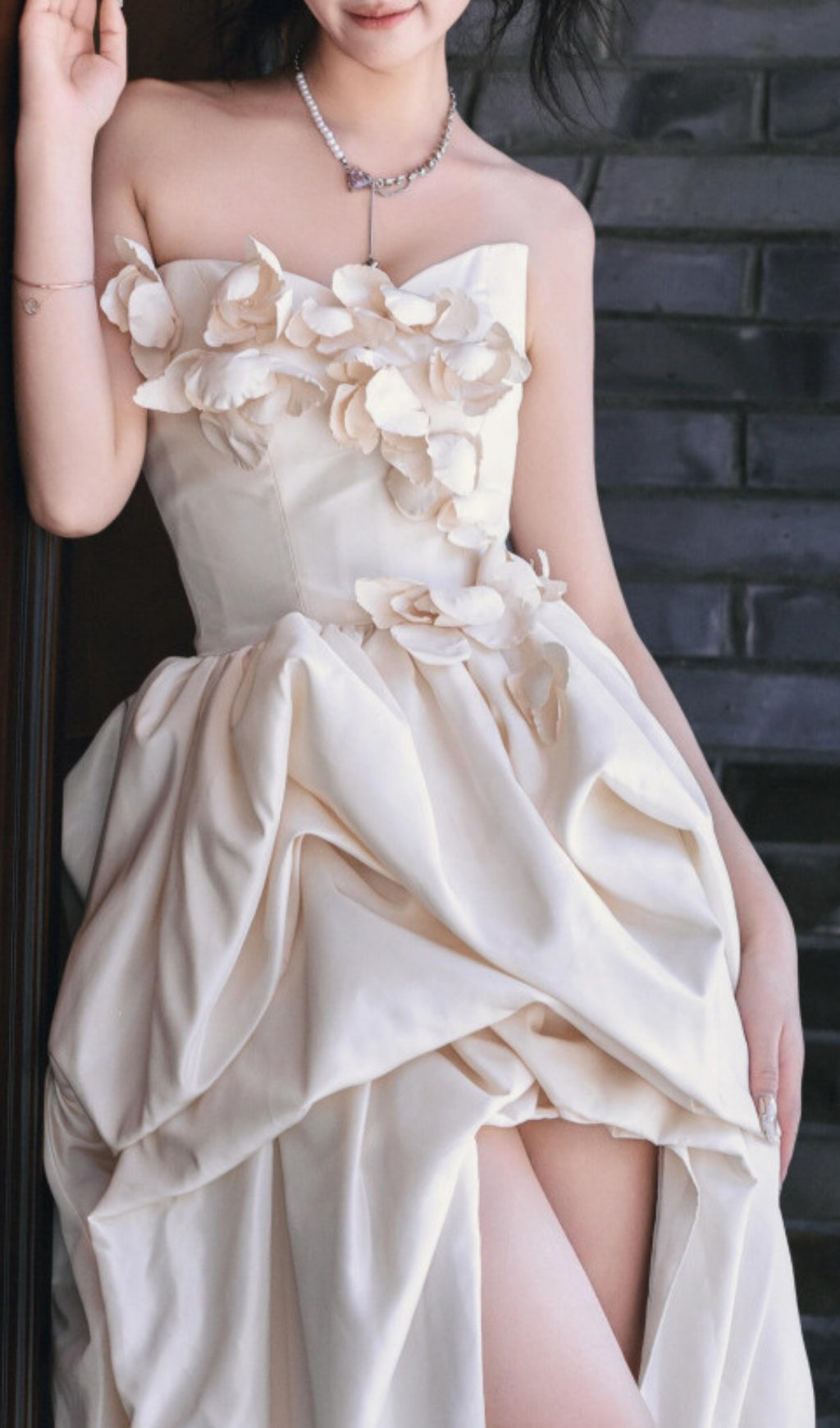 Dalal White Strapless Petal Wedding Dress Flowering Girl