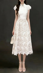 Leila White 3D Flower Embroidery Bow Lace Midi Dress Flowering Girl