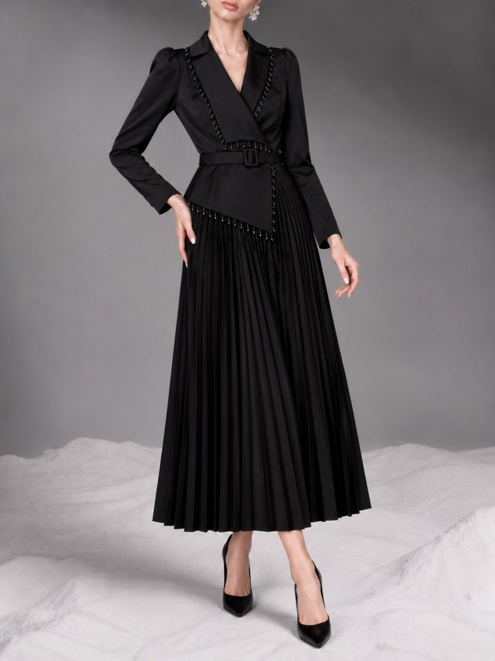 Moana Black Long Sleeve Pleated Maxi Dress Flowering Girl