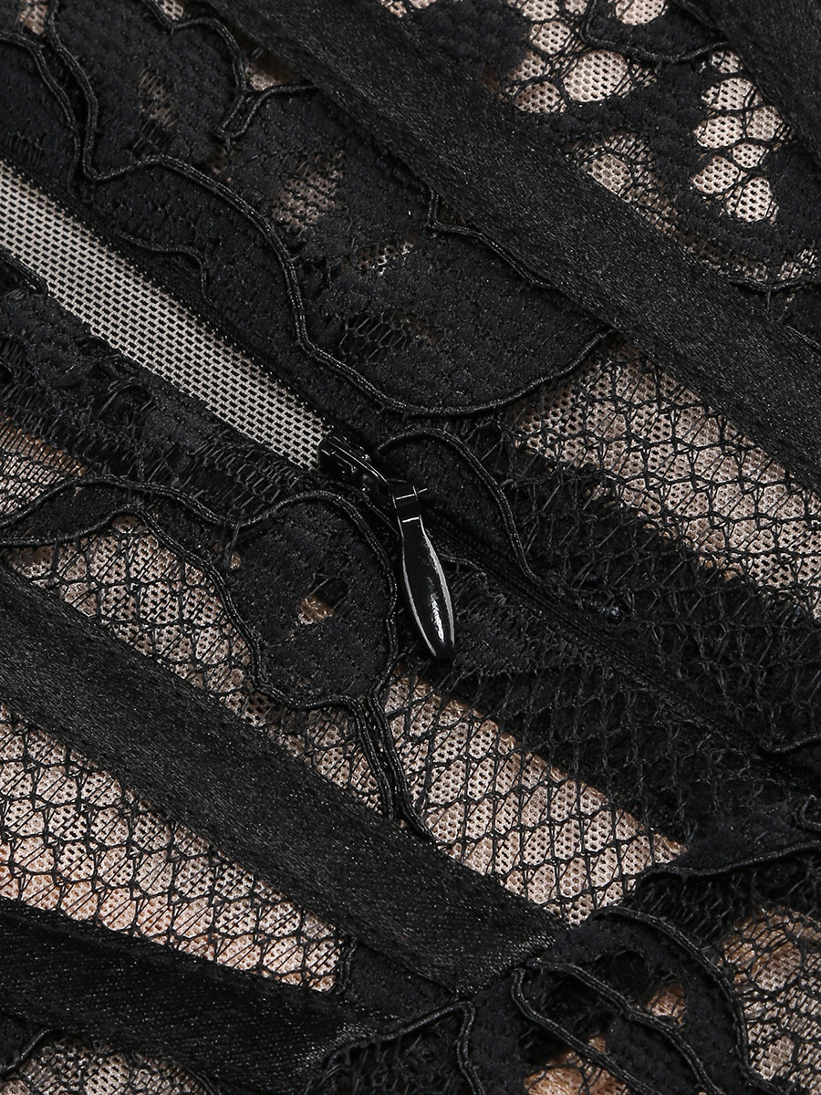 long sleeve lace corset draped mini dress in black Flowering Girl