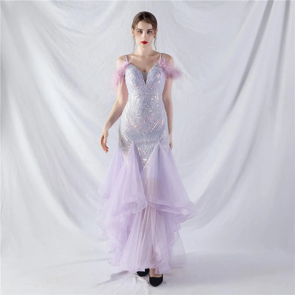 Feather Sequin Strapless Tulle Maxi Dress Flowering Girl