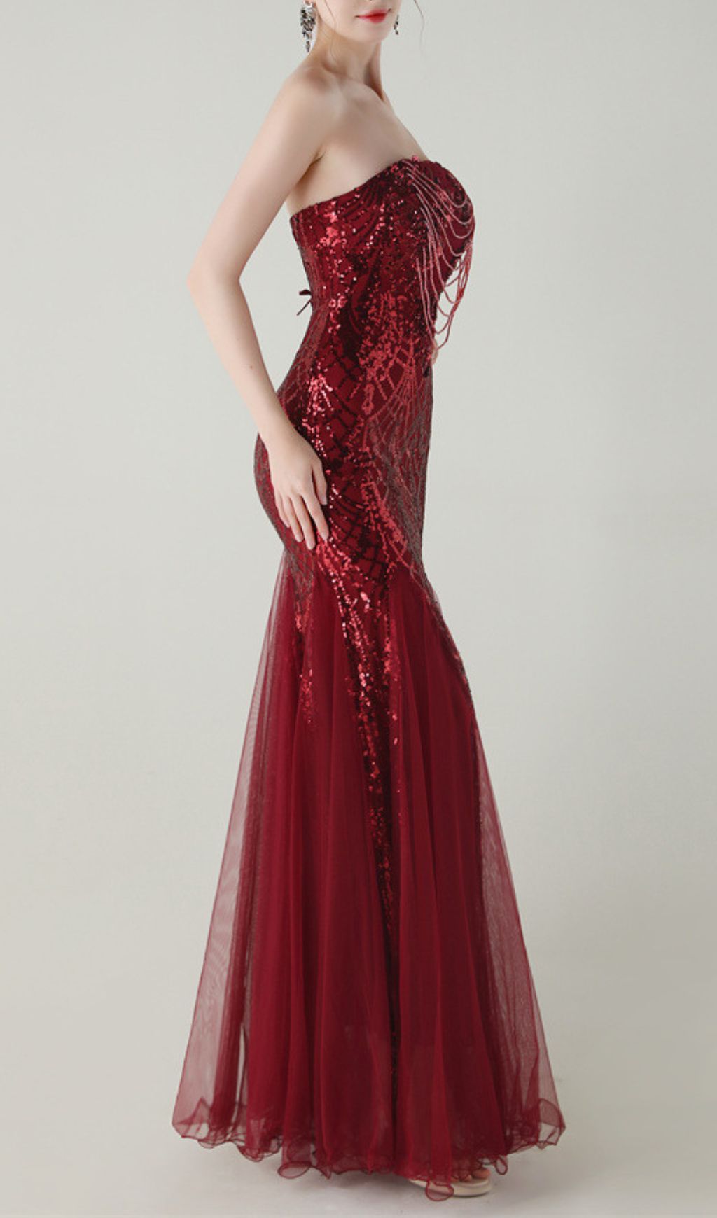 Ikuye Red Strapless Sequin Mesh Maxi Dress Flowering Girl