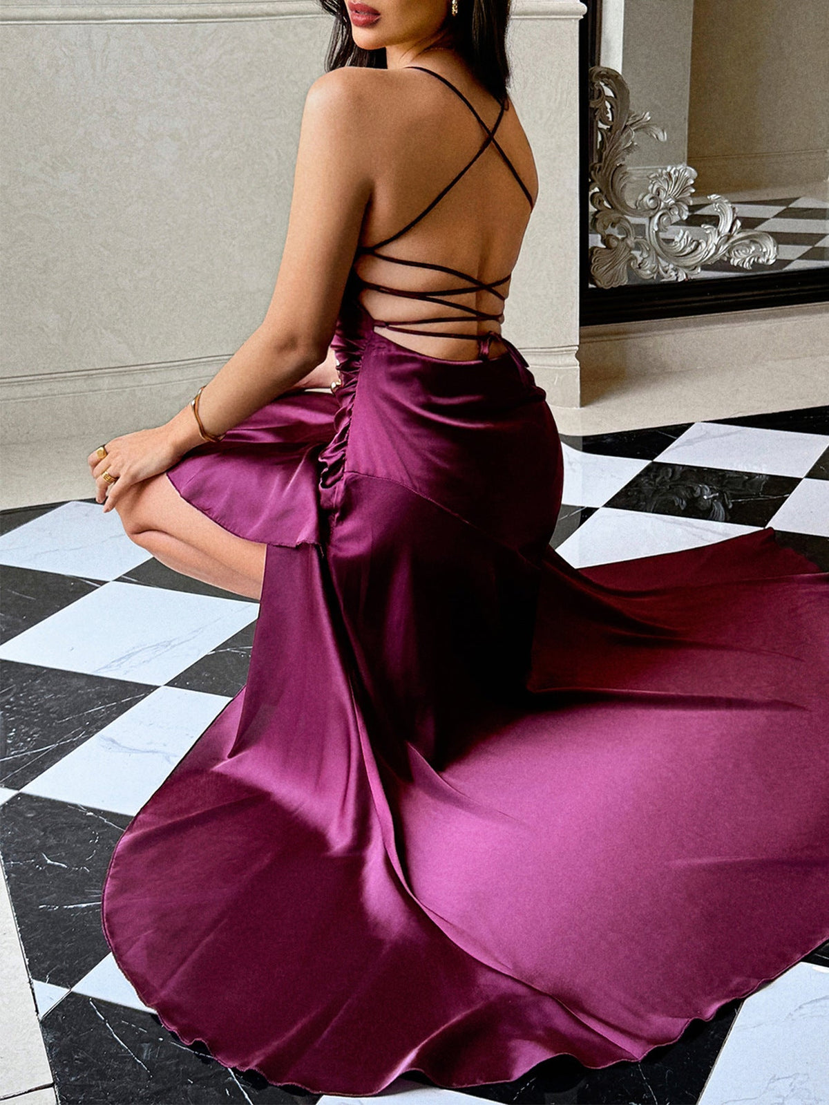 Red Wine Suspender Slits Maxi Dress Flowering Girl