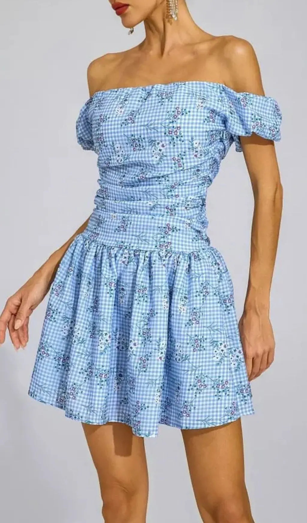Sophia Blue Floral Off-Shoulder Mini Dress Flowering Girl