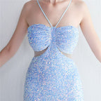 Marian Blue Cutout Sequins Halter Maxi Dress Flowering Girl