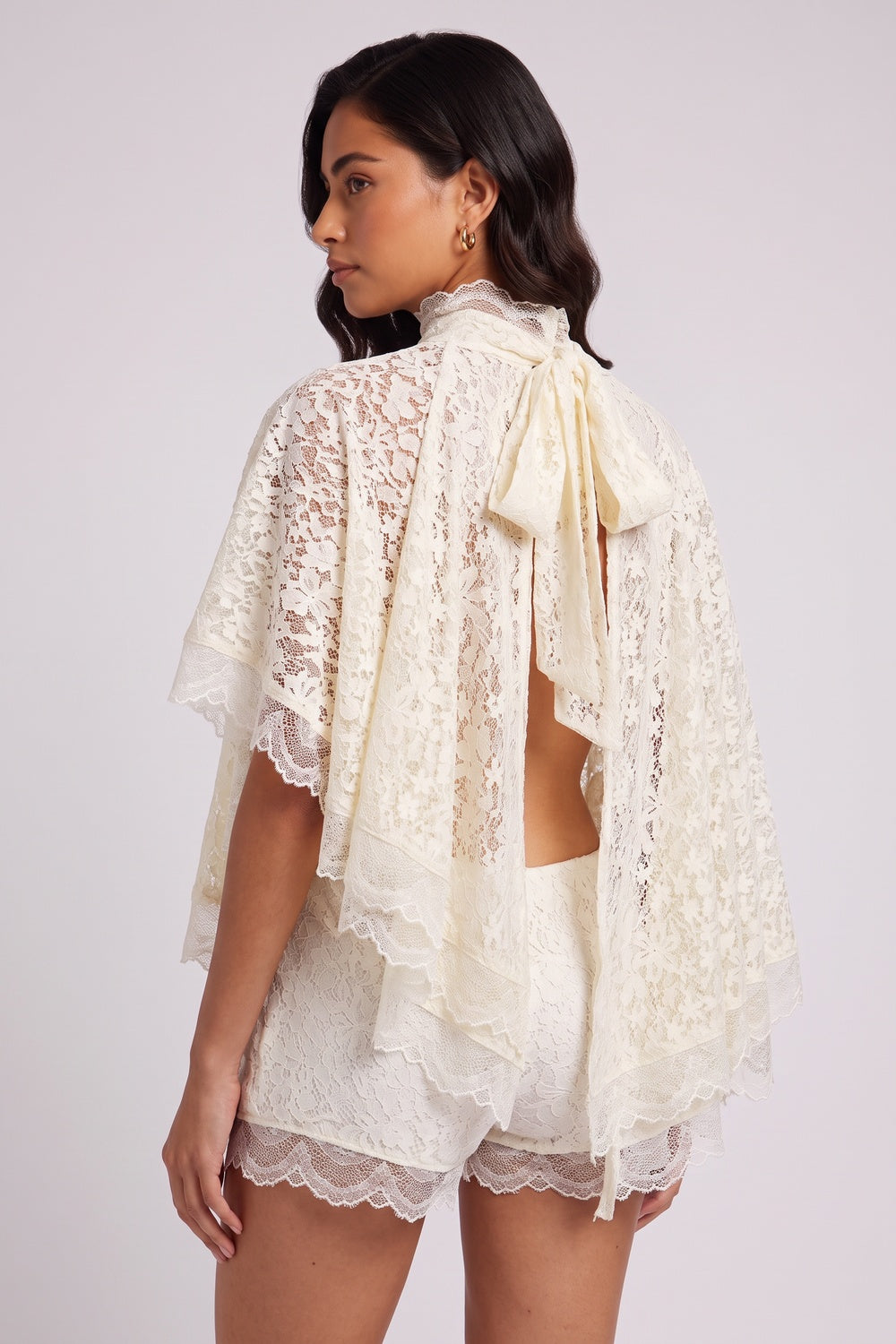 Cream Lace High Neck Tiered Ruffle Cape Blouse & Lace Shorts Two-Piece Set Flowering Girl