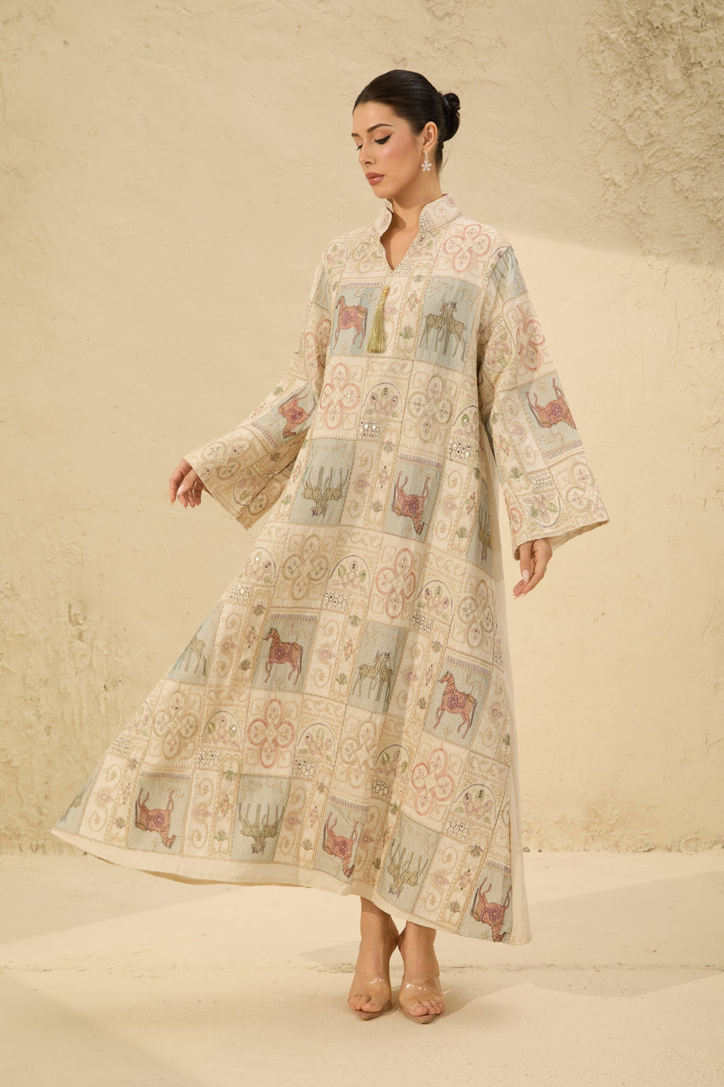 Cream Horse Patchwork Print Stand Collar Bell Sleeve Long Kaftan Dress Flowering Girl