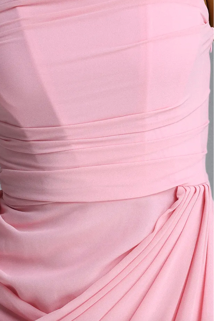 Pastel Pink Lightweight woven crepe or chiffon Column with asymmetric side drape Evening Gown Flowering Girl