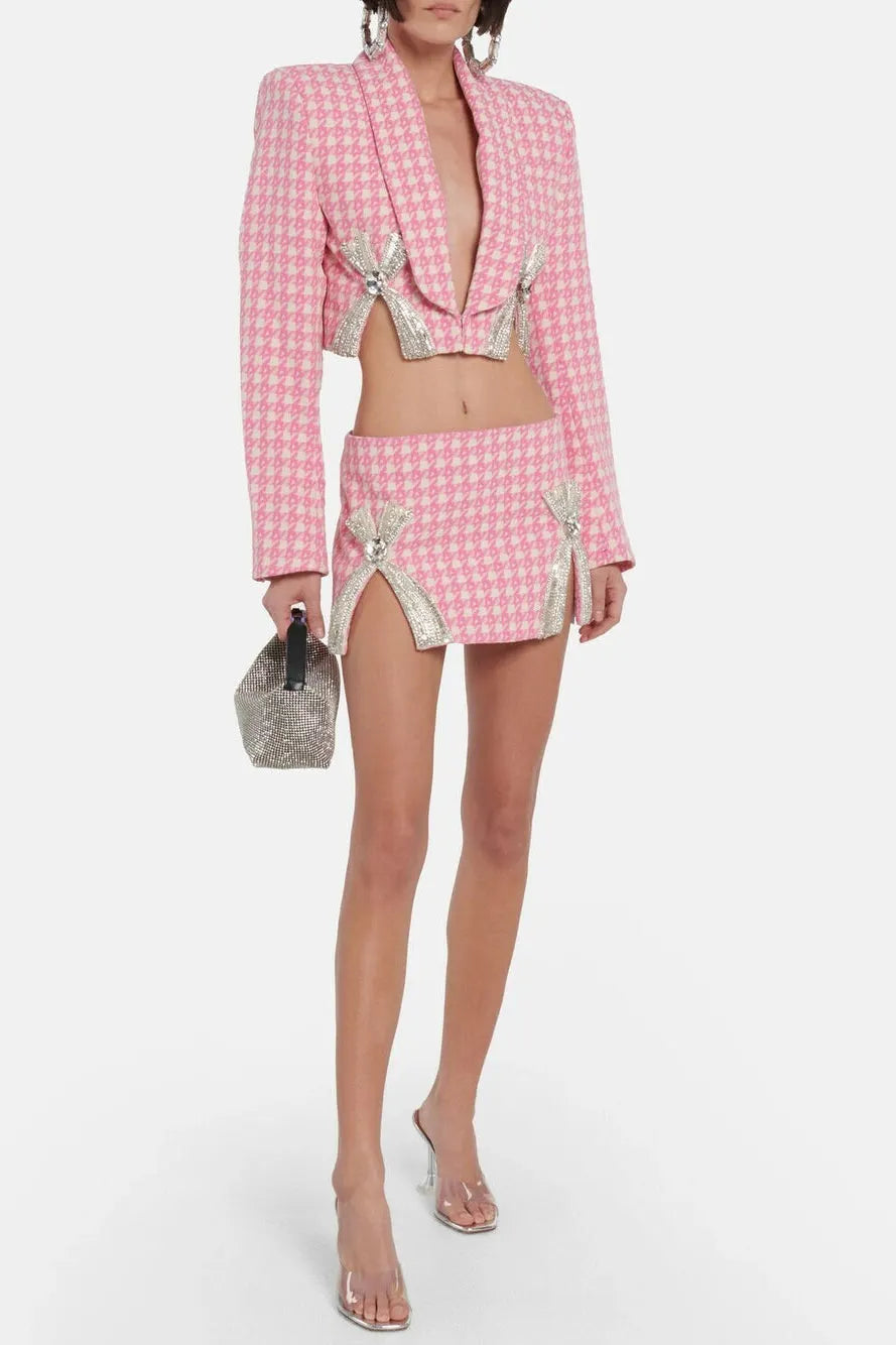 Helen Embellished Checked Wool-Blend Blazer Set In Pink Flowering Girl