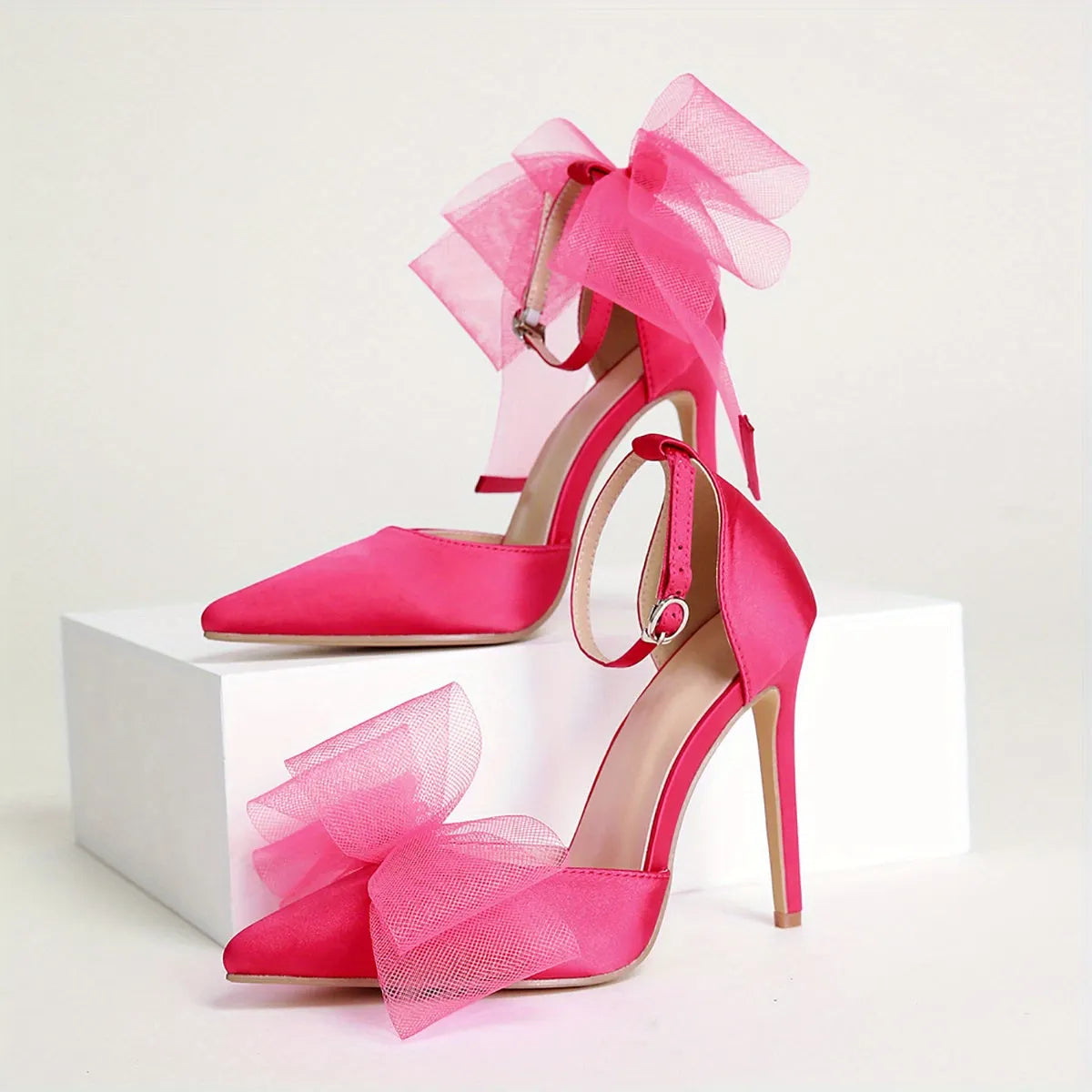 Ariane Satin Bow Heels In Hot Pink Flowering Girl