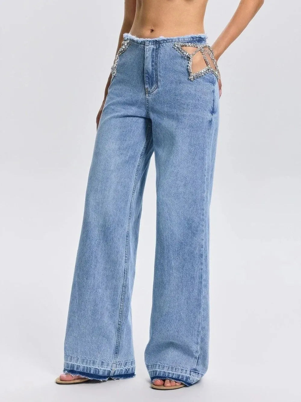 Florine Cutout Rhinestone Jeans Flowering Girl