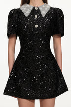 Dora Buttoned Contrast Collar Sequin Mini Dress In Black Flowering Girl