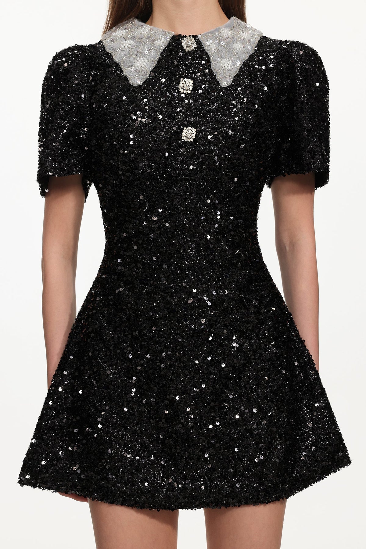 Dora Buttoned Contrast Collar Sequin Mini Dress In Black Flowering Girl