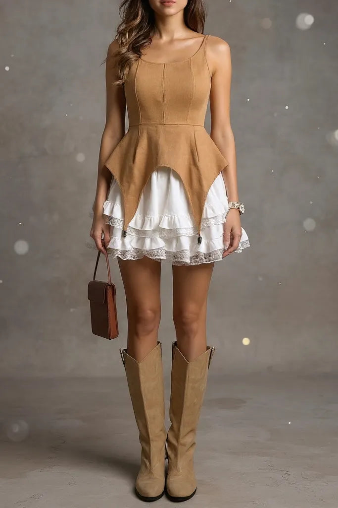 Tara Square Neck Sleeveless Patchwork Mini Dress In Brown Flowering Girl