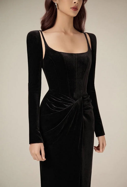 Black Velvet Draped midi Dress Flowering Girl