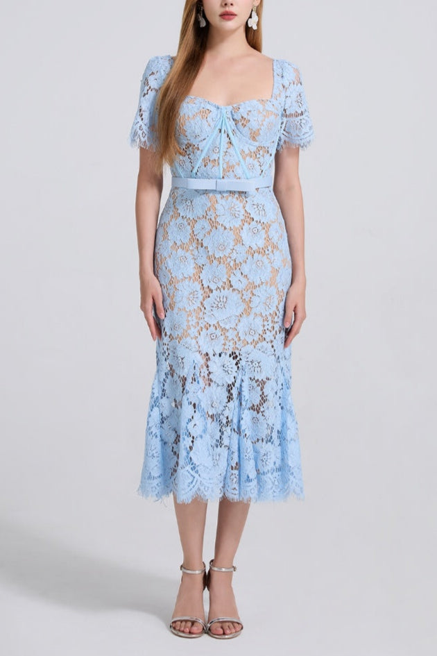 SQUARE NECK LACE MIDI DRESS IN BLUE Flowering Girl