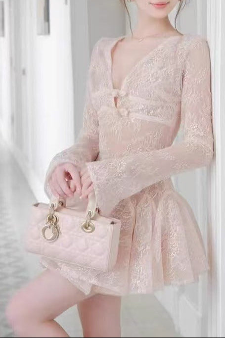 Eileen Long-Sleeve v-Neck Lace A-Line Mini Dress In Pink Flowering Girl